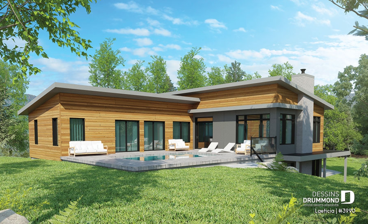 Vue arrière - MODÈLE DE BASE - Plan maison 2 à 4 chambres, intergénérationnelle, aménagement pour maximiser la vue sur piscine - Laeticia