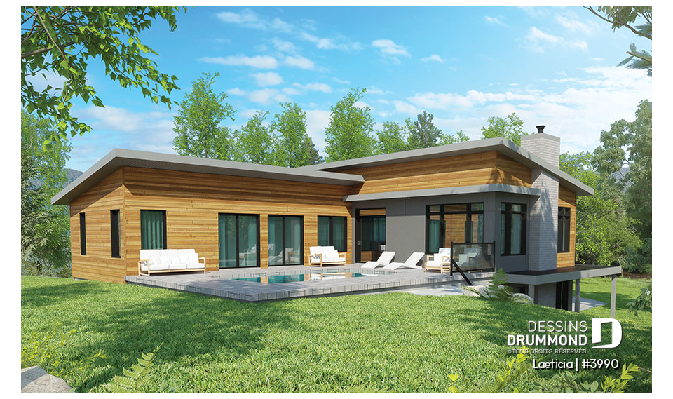 Vue arrière - MODÈLE DE BASE - Plan maison 2 à 4 chambres, intergénérationnelle, aménagement pour maximiser la vue sur piscine - Laeticia