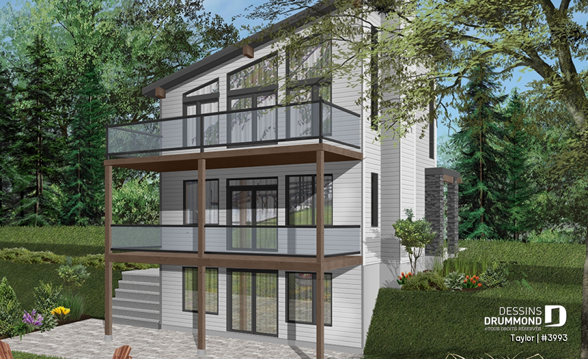 Version couleur no. 2 - Vue arrière - Plan chalet moderne, 2-3 chambres, chambre des parents avec terrasse et foyer, bureau, 2 foyers - Taylor