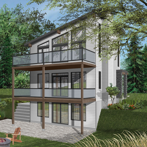 Version couleur no. 2 - Vue arrière - Plan chalet moderne, 2-3 chambres, chambre des parents avec terrasse et foyer, bureau, 2 foyers - Taylor