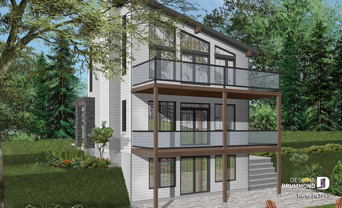 Version couleur no. 2 - Vue arrière - Plan chalet moderne, 2-3 chambres, chambre des parents avec terrasse et foyer, bureau, 2 foyers - Taylor