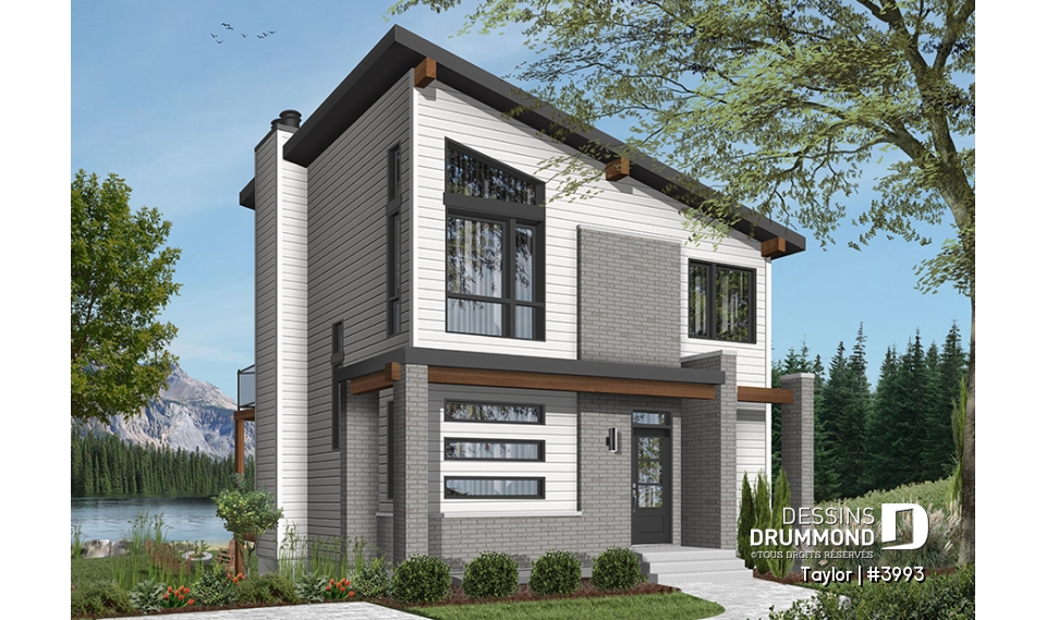 Vue avant - MODÈLE DE BASE - Plan chalet moderne, 2-3 chambres, chambre des parents avec terrasse et foyer, bureau, 2 foyers - Taylor