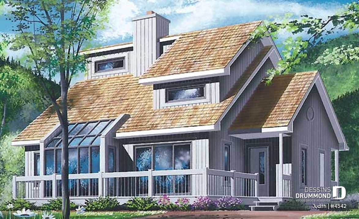 Vue avant - MODÈLE DE BASE - Modèle de maison pour vue panoramique, d'influence rustique moderne, 3 chambres, foyer, plafond cathédrale - Judith