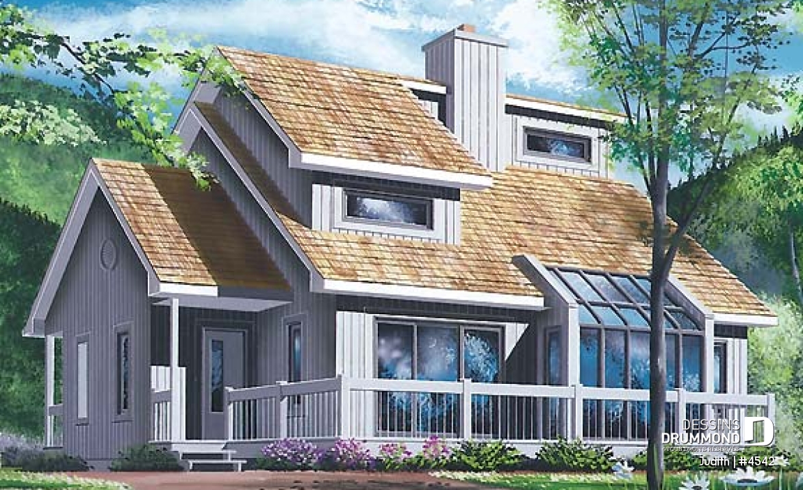 Vue avant - MODÈLE DE BASE - Modèle de maison pour vue panoramique, d'influence rustique moderne, 3 chambres, foyer, plafond cathédrale - Judith