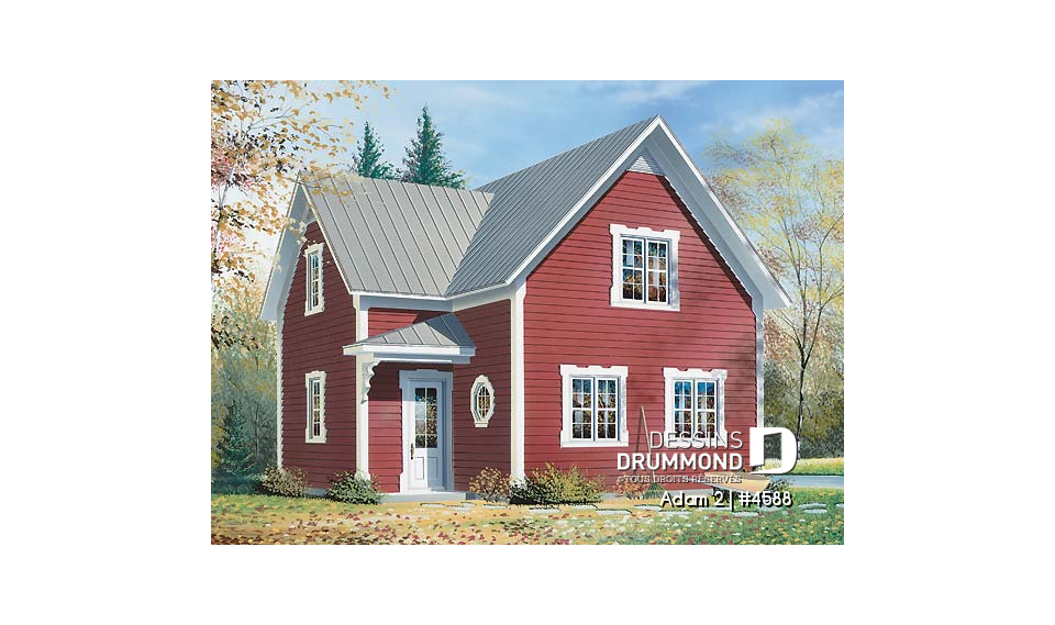 Vue avant - MODÈLE DE BASE - Plan de style fermette 2 étages, 2 chambres, coin ordinateur, espace ouvert, buanderie r-d-c, îlot - Adam 2