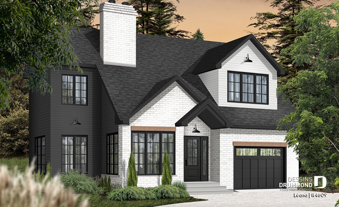 Vue avant - MODÈLE DE BASE - Plan de maison, garage, 3 chambres + un bureau, suite parentale à l'étage, foyer au bois et garage simple - Léana