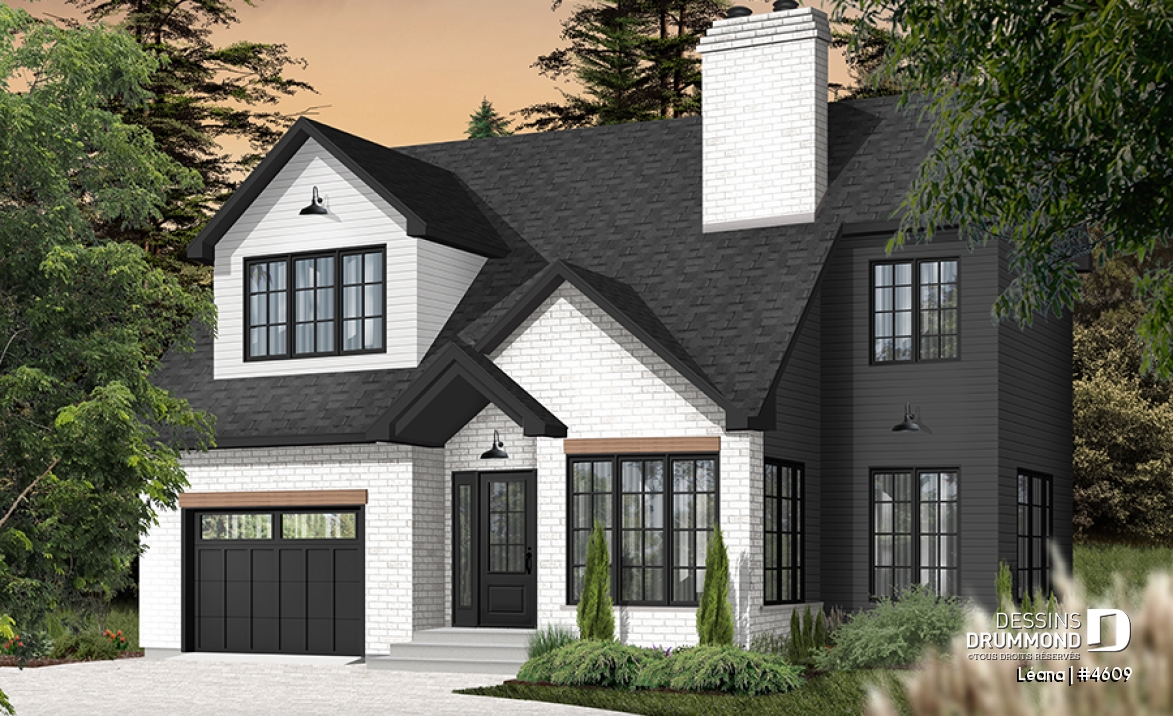 Vue avant - MODÈLE DE BASE - Plan de maison, garage, 3 chambres + un bureau, suite parentale à l'étage, foyer au bois et garage simple - Léana