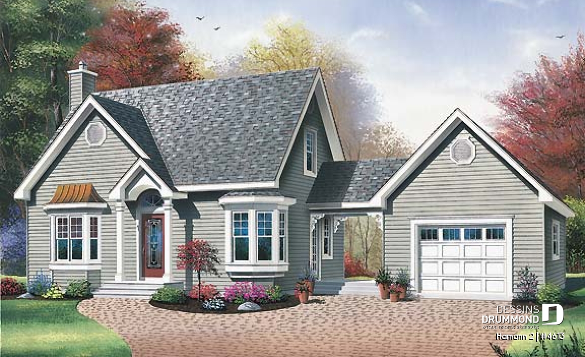 Vue avant - MODÈLE DE BASE - Maison de campagne de 2 chambres + un bureau, garage, salle familiale avec foyer  - Hamann 2