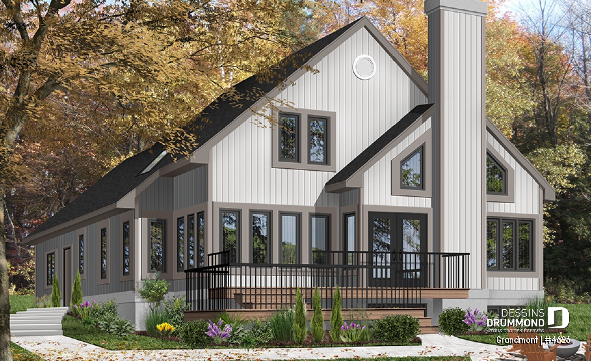 Version couleur no. 6 - Vue arrière - Superbe plan de maison avec belle fenestration, 3 à 4 chambres, foyer, solarium, garage double - Grandmont