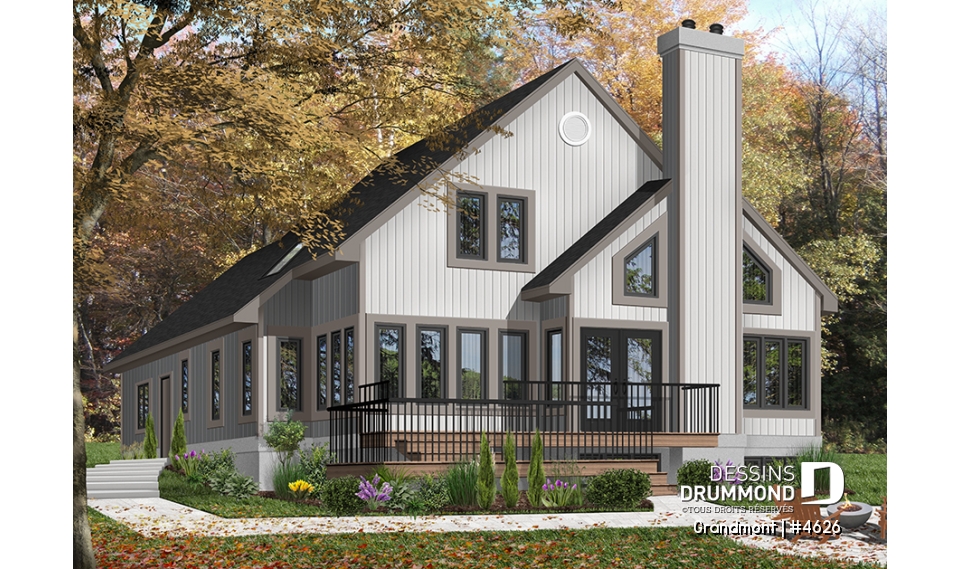 Version couleur no. 6 - Vue arrière - Superbe plan de maison avec belle fenestration, 3 à 4 chambres, foyer, solarium, garage double - Grandmont