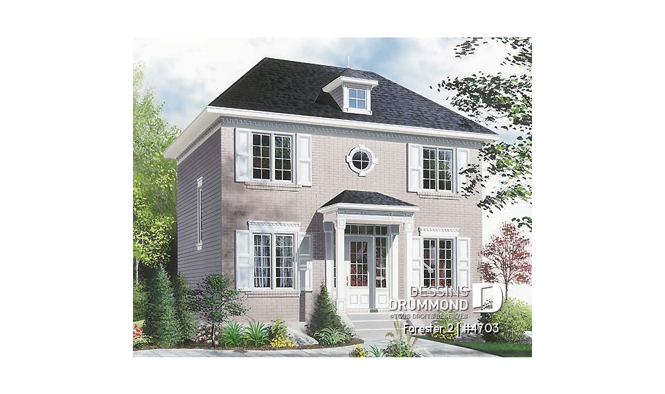 Vue avant - MODÈLE DE BASE - Plan de cottage classique, 3 chambres, fenestration abondante, perron abritée - Forester 2