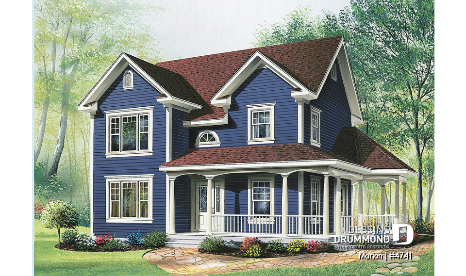 Vue avant - MODÈLE DE BASE - Plan de maison de 3 chambres, bureau, fenestration abondante, 2 walk-ins à la chambre parents - Marion