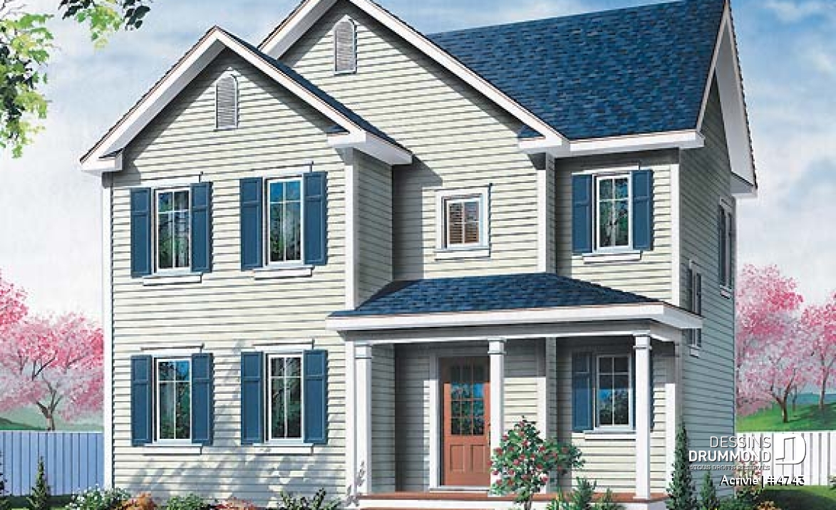 Vue avant - MODÈLE DE BASE - Plan de maison économique 3 chambres, chambre parent avec walk-in, salle de lavage au 1er - Acrivie