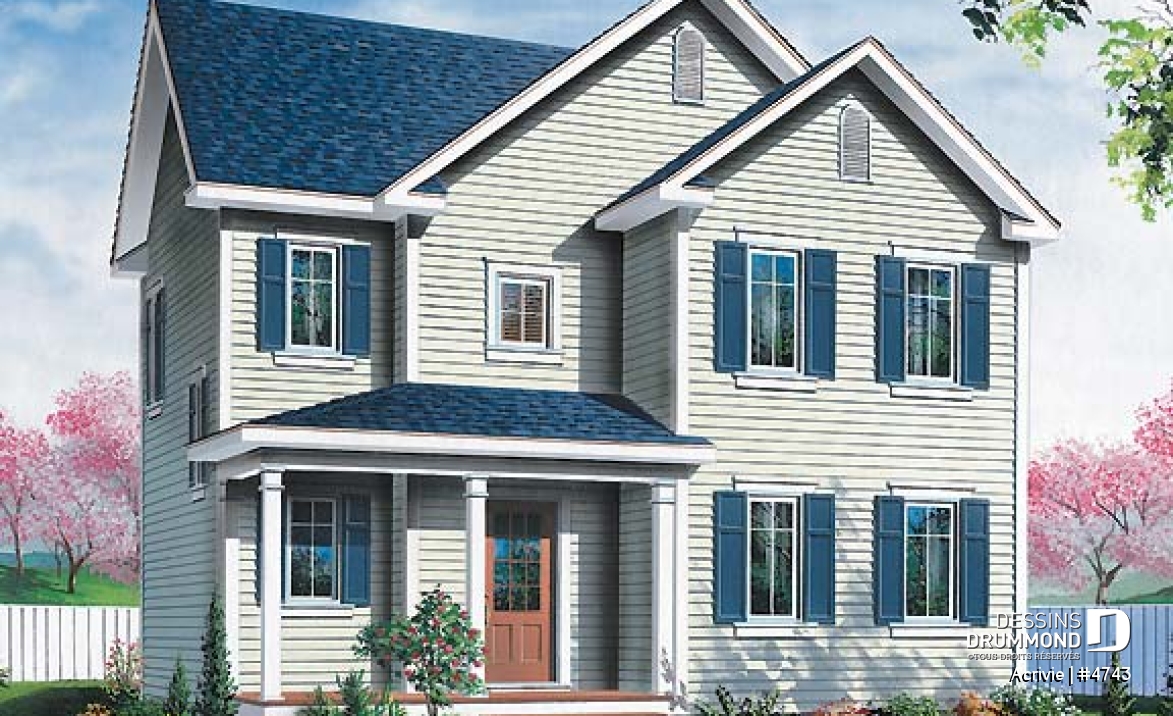 Vue avant - MODÈLE DE BASE - Plan de maison économique 3 chambres, chambre parent avec walk-in, salle de lavage au 1er - Acrivie