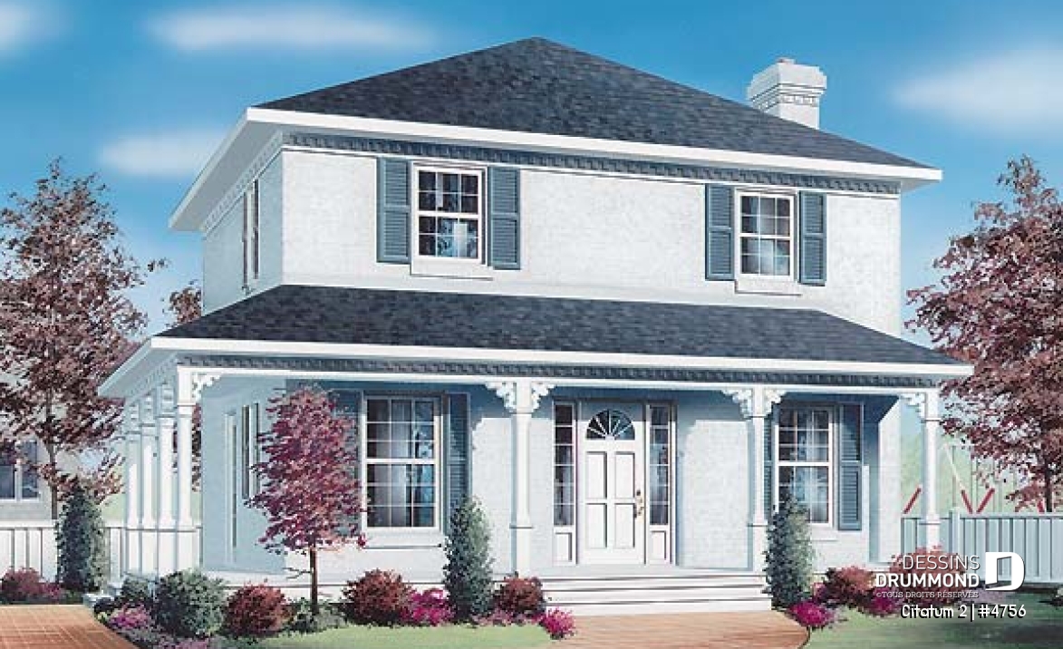 Vue avant - MODÈLE DE BASE - Modèle de maison colonial américain, à étages, aire ouverte, cuisine avec îlot, foyer, 3 chambres - Citatum 2