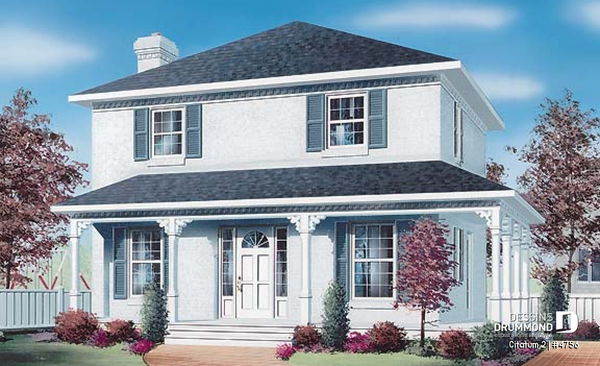 Vue avant - MODÈLE DE BASE - Modèle de maison colonial américain, à étages, aire ouverte, cuisine avec îlot, foyer, 3 chambres - Citatum 2