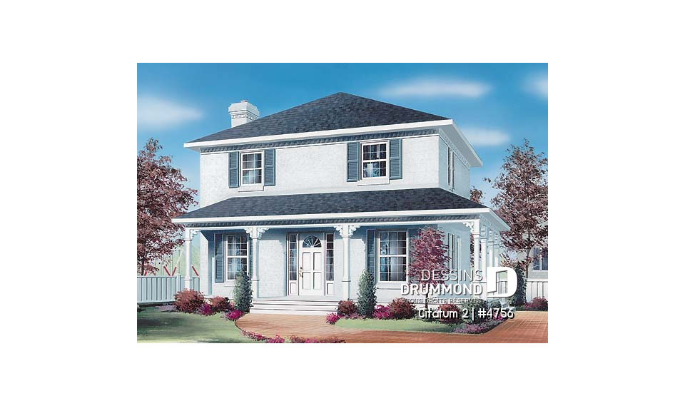 Vue avant - MODÈLE DE BASE - Modèle de maison colonial américain, à étages, aire ouverte, cuisine avec îlot, foyer, 3 chambres - Citatum 2