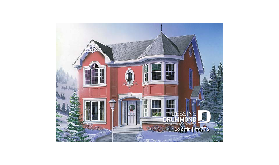 Vue avant - MODÈLE DE BASE - Plan de maison victorienne, 4 à 5 chambres, bureau à domicile, coin déjeuner, garde manger - Célestin