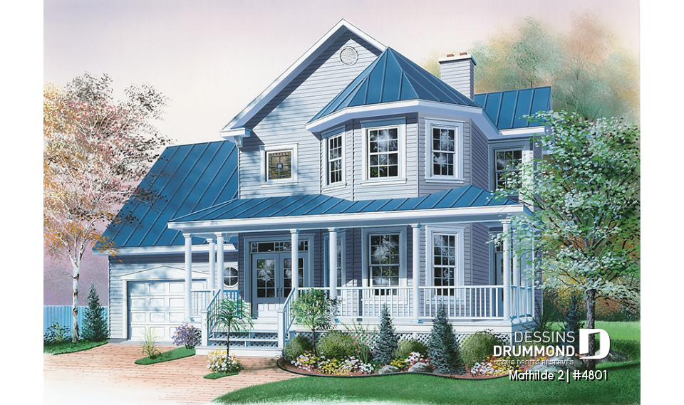 Vue avant - MODÈLE DE BASE - Plan de maison à étage, garage, 3 à 4 chambres, vestibule, foyer 2 faces, coin lecture près de la cuisine - Mathilde 2