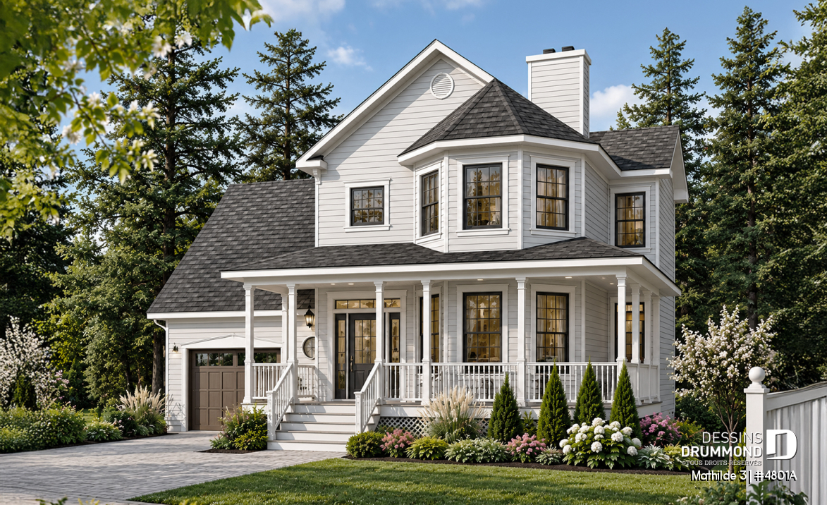 Vue avant - MODÈLE DE BASE - Plan de maison 3 à 4 chambres, garage double, style moderne victorienne, plafond 9' au rdc - Mathilde 3