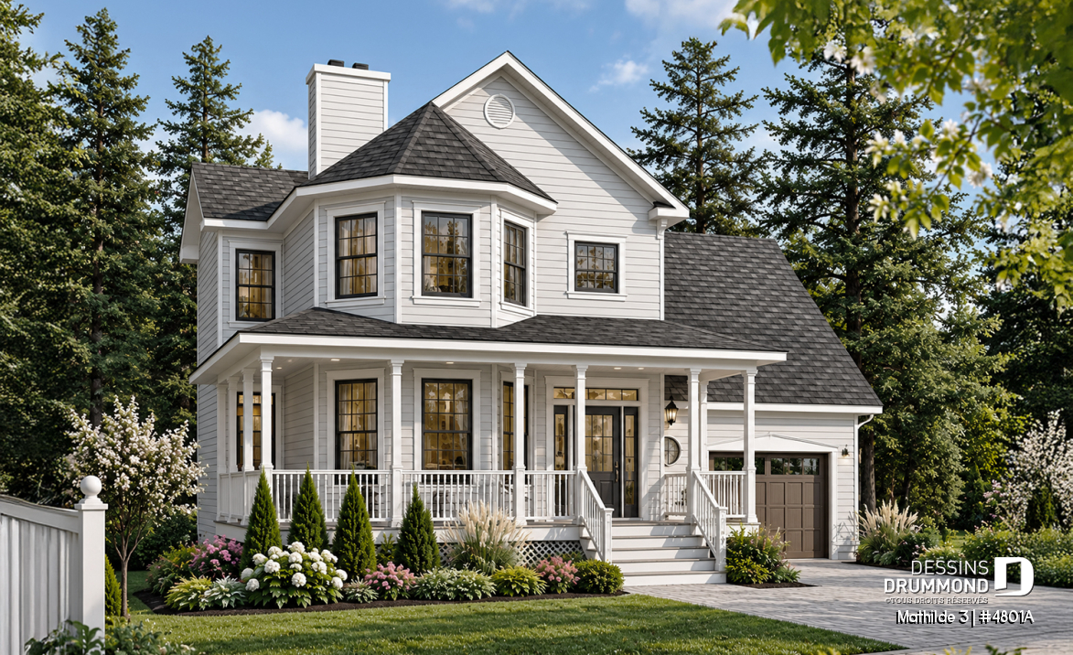 Vue avant - MODÈLE DE BASE - Plan de maison 3 à 4 chambres, garage double, style moderne victorienne, plafond 9' au rdc - Mathilde 3