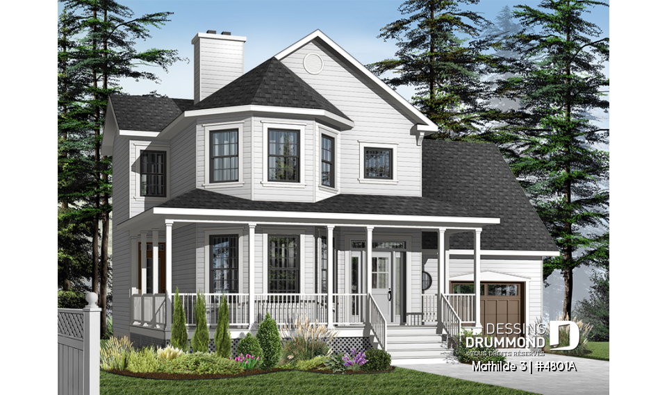 Vue avant - MODÈLE DE BASE - Plan de maison 3 à 4 chambres, garage double, style moderne victorienne, plafond 9' au rdc - Mathilde 3