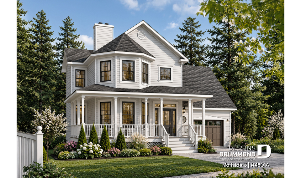 Vue avant - MODÈLE DE BASE - Plan de maison 3 à 4 chambres, garage double, style moderne victorienne, plafond 9' au rdc - Mathilde 3