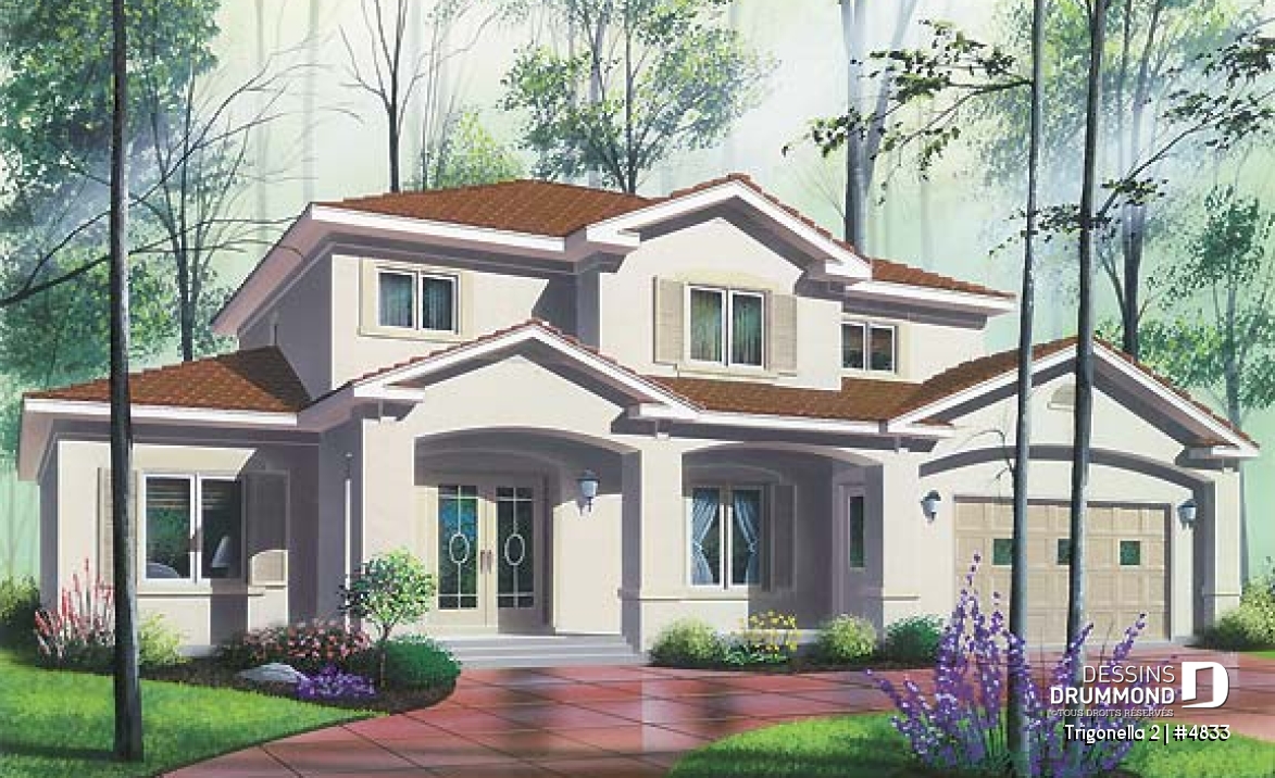 Vue avant - MODÈLE DE BASE - Plan de maison pour grande famille, 6 chambres,  4.5 salles de bain, cinéma maison, garage double et plus - Trigonella 2