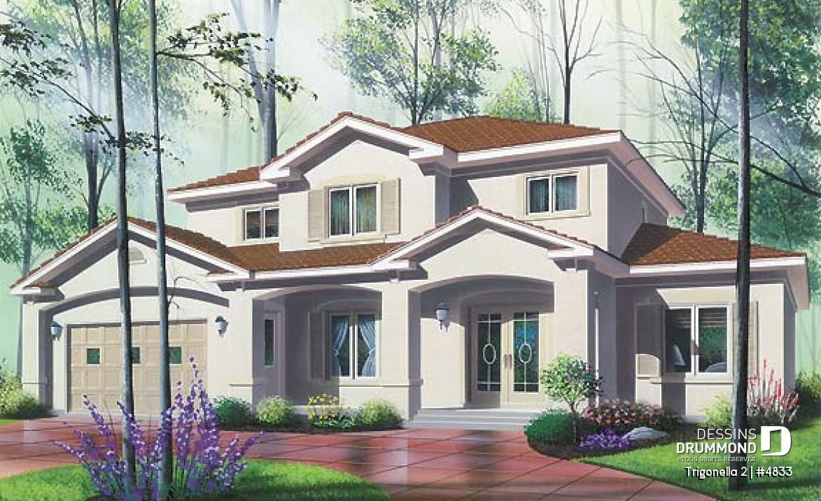 Vue avant - MODÈLE DE BASE - Plan de maison pour grande famille, 6 chambres,  4.5 salles de bain, cinéma maison, garage double et plus - Trigonella 2