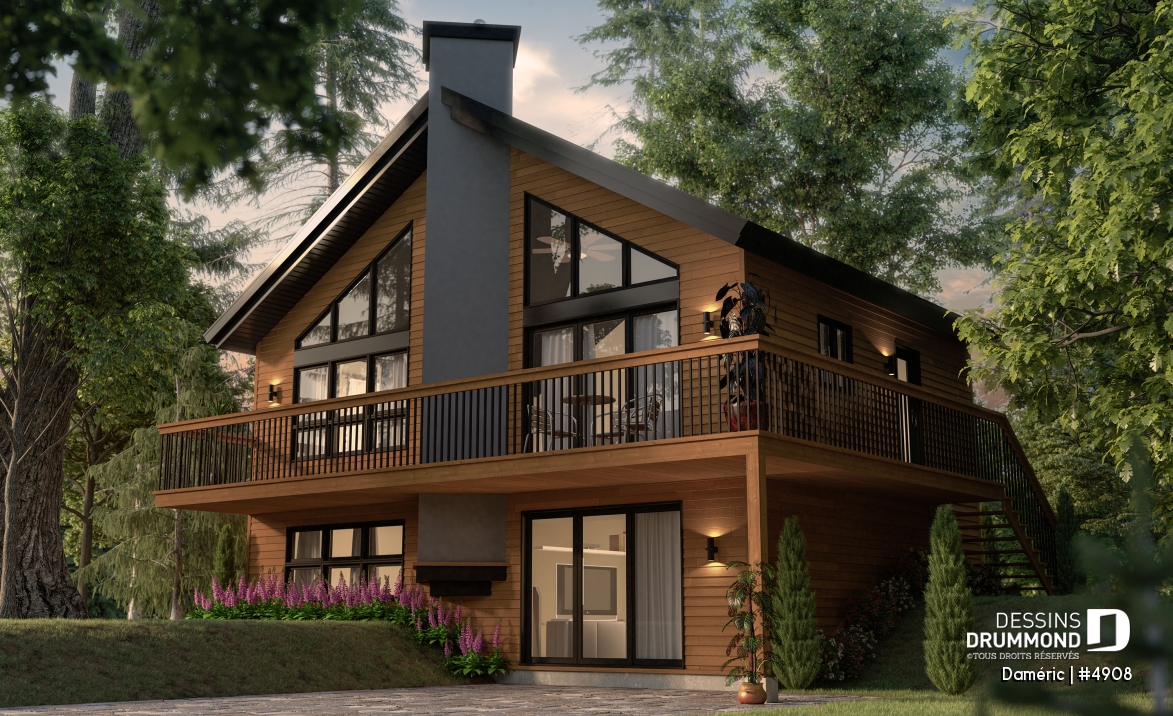 Vue avant - MODÈLE DE BASE - Plan de chalet de ski rustique avec sous-sol en rez-de-jardin, 2 salons, 3 chambres, 2 salles de bain, foyers - Daméric