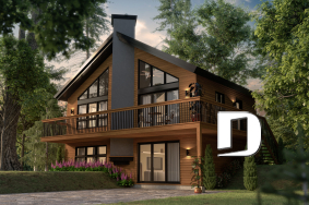 Vue avant - MODÈLE DE BASE - Plan de chalet de ski rustique avec sous-sol en rez-de-jardin, 2 salons, 3 chambres, 2 salles de bain, foyers - Daméric