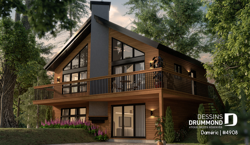 Vue avant - MODÈLE DE BASE - Plan de chalet de ski rustique avec sous-sol en rez-de-jardin, 2 salons, 3 chambres, 2 salles de bain, foyers - Daméric