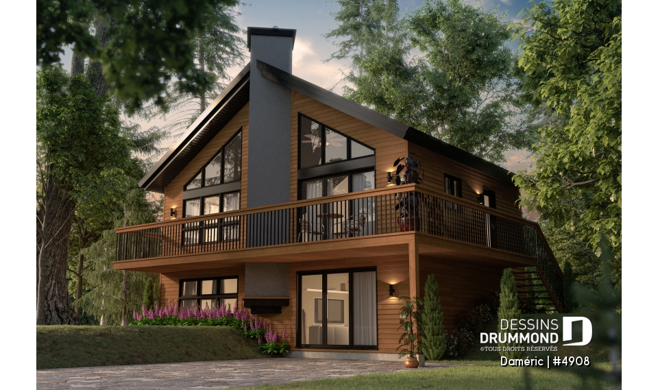 Vue avant - MODÈLE DE BASE - Plan de chalet de ski rustique avec sous-sol en rez-de-jardin, 2 salons, 3 chambres, 2 salles de bain, foyers - Daméric