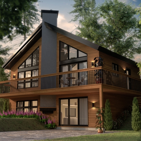 Vue avant - MODÈLE DE BASE - Plan de chalet de ski rustique avec sous-sol en rez-de-jardin, 2 salons, 3 chambres, 2 salles de bain, foyers - Daméric