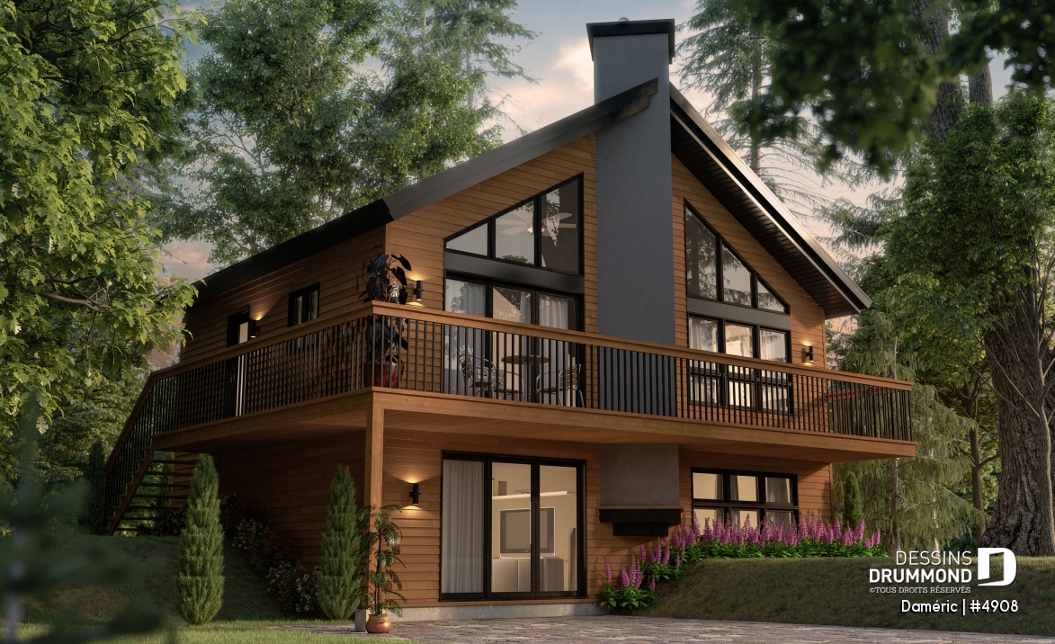 Vue avant - MODÈLE DE BASE - Plan de chalet de ski rustique avec sous-sol en rez-de-jardin, 2 salons, 3 chambres, 2 salles de bain, foyers - Daméric
