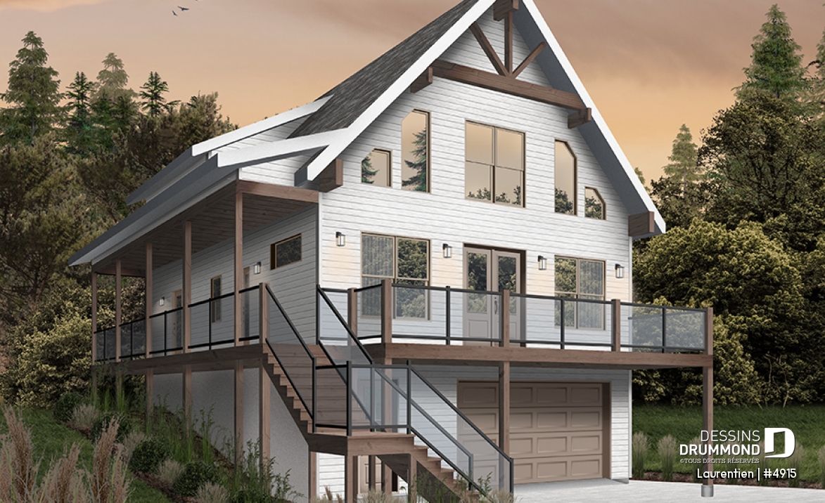 Alternative - Plan de chalet rustique 4 chambres, garage, balcons abrités, terrasse, foyer, mezzanine avec coin loft - Laurentien