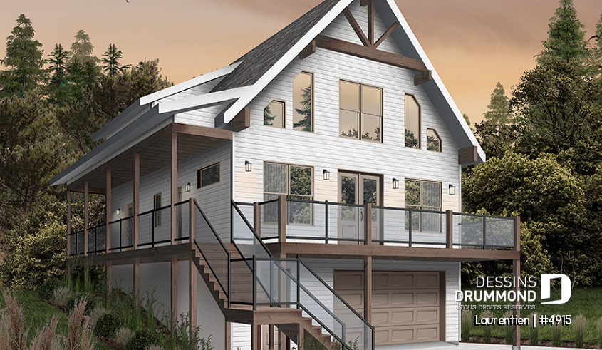 Alternative - Plan de chalet rustique 4 chambres, garage, balcons abrités, terrasse, foyer, mezzanine avec coin loft - Laurentien