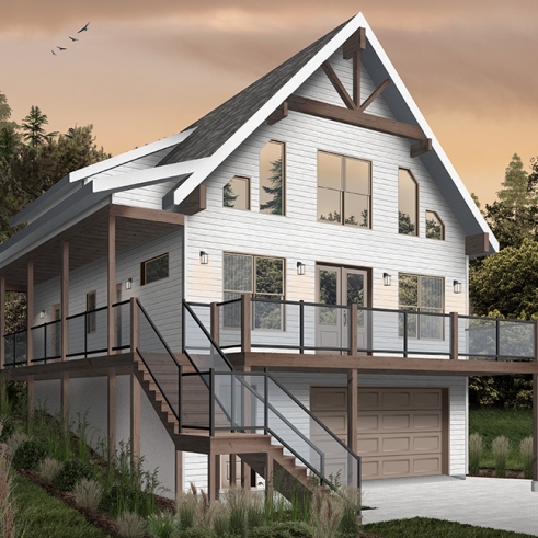 Alternative - Plan de chalet rustique 4 chambres, garage, balcons abrités, terrasse, foyer, mezzanine avec coin loft - Laurentien
