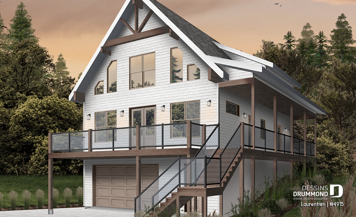 Alternative - Plan de chalet rustique 4 chambres, garage, balcons abrités, terrasse, foyer, mezzanine avec coin loft - Laurentien