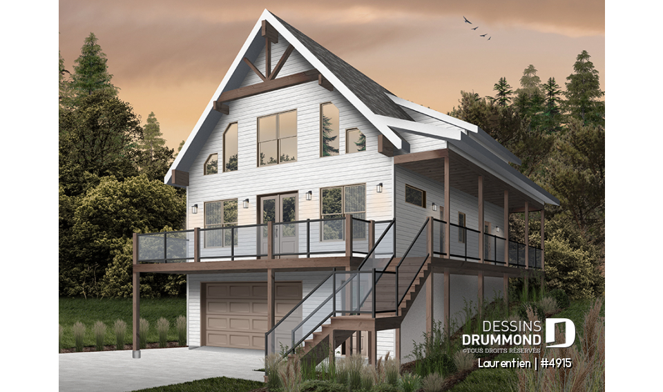 Alternative - Plan de chalet rustique 4 chambres, garage, balcons abrités, terrasse, foyer, mezzanine avec coin loft - Laurentien