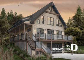 Version couleur no. 3 - Vue avant - Plan de chalet rustique 4 chambres, garage, balcons abrités, terrasse, foyer, mezzanine avec coin loft - Laurentien