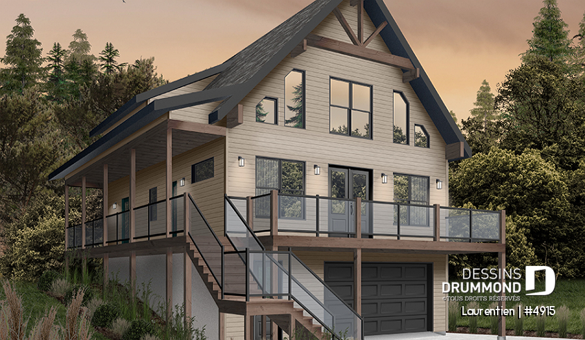 Version couleur no. 3 - Vue avant - Plan de chalet rustique 4 chambres, garage, balcons abrités, terrasse, foyer, mezzanine avec coin loft - Laurentien