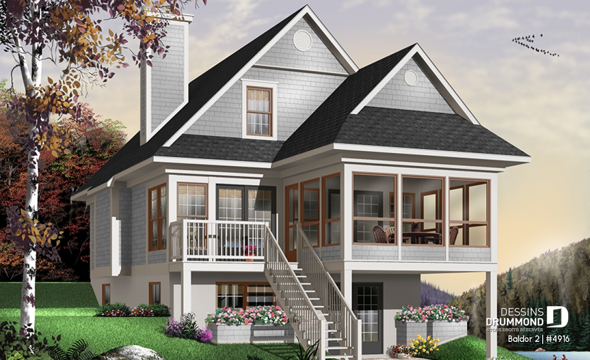 Vue arrière - MODÈLE DE BASE - Plan de chalet ou maison avec vue panoramique, 3 chambres, foyer, abri moustiquaire, parents au premier - Baldor 2