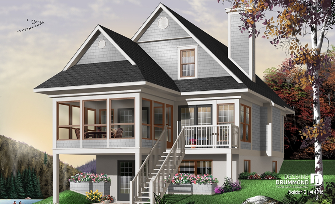 Vue arrière - MODÈLE DE BASE - Plan de chalet ou maison avec vue panoramique, 3 chambres, foyer, abri moustiquaire, parents au premier - Baldor 2