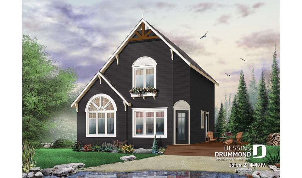 Version couleur no. 6 - Vue avant - Plan de maison ou chalet champêtre, 2 ou 3 chambres, cathédrale et mezzanine, superbe fenestration - Joice 2