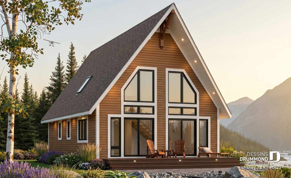 Vue arrière - MODÈLE DE BASE - Plan de chalet abordable 2 chambres + loft, mezzanine et plafond cathédral, vestiaire d'entrée, buanderie - Whiskey Jack