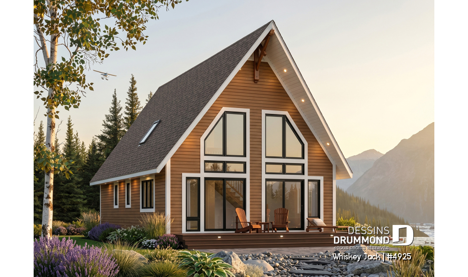 Vue arrière - MODÈLE DE BASE - Plan de chalet abordable 2 chambres + loft, mezzanine et plafond cathédral, vestiaire d'entrée, buanderie - Whiskey Jack
