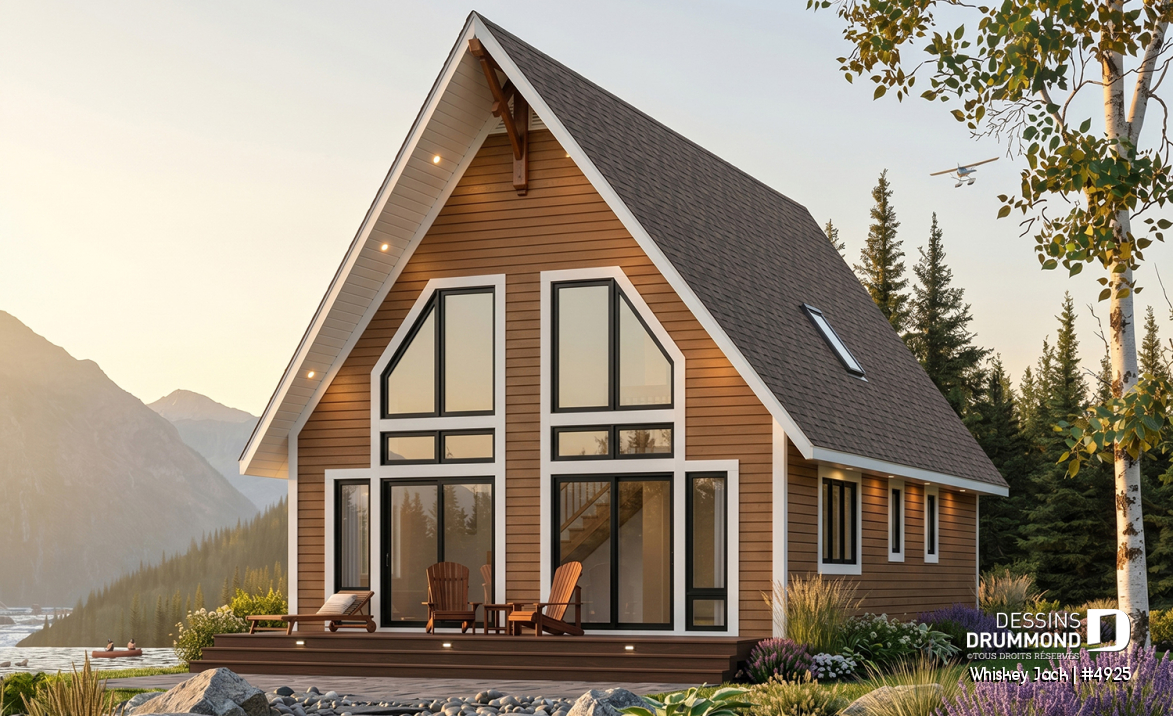 Vue arrière - MODÈLE DE BASE - Plan de chalet abordable 2 chambres + loft, mezzanine et plafond cathédral, vestiaire d'entrée, buanderie - Whiskey Jack