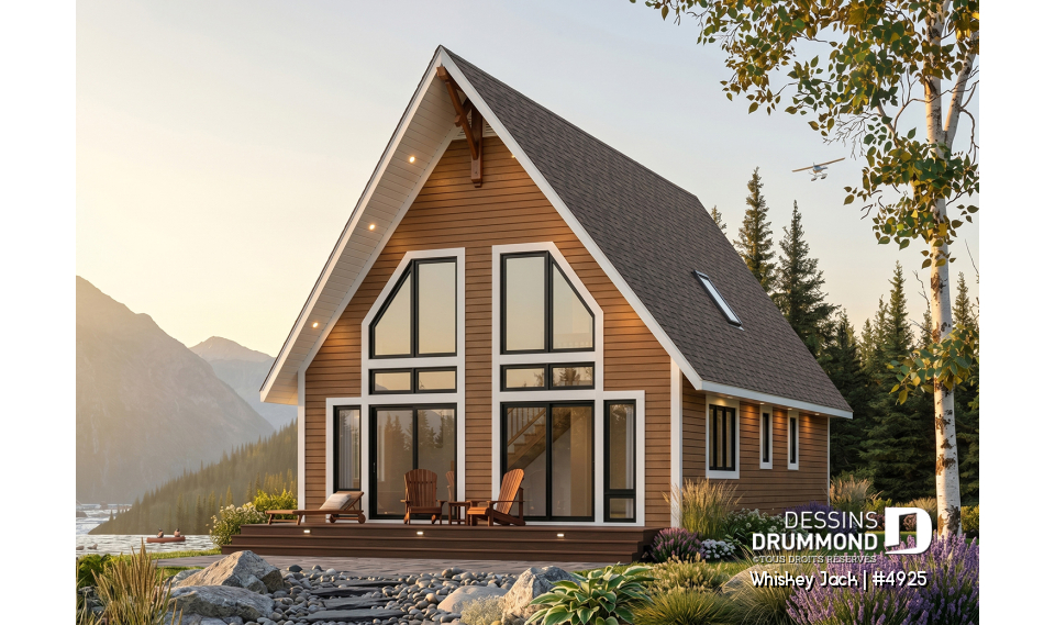 Vue arrière - MODÈLE DE BASE - Plan de chalet abordable 2 chambres + loft, mezzanine et plafond cathédral, vestiaire d'entrée, buanderie - Whiskey Jack