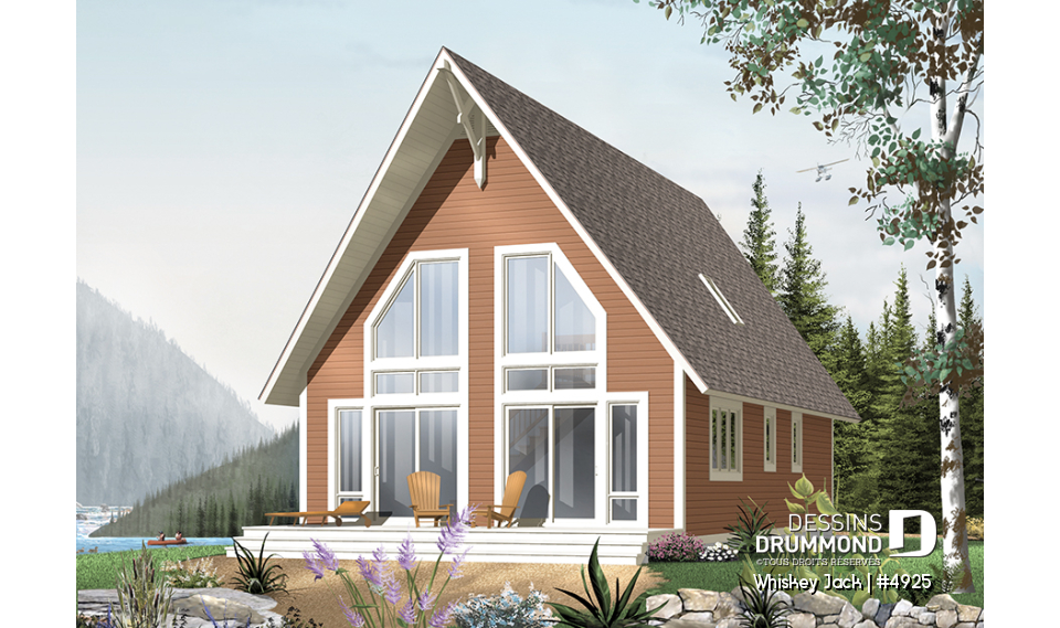 Vue avant - MODÈLE DE BASE - Plan de chalet abordable 2 chambres + loft, mezzanine et plafond cathédral, vestiaire d'entrée, buanderie - Whiskey Jack